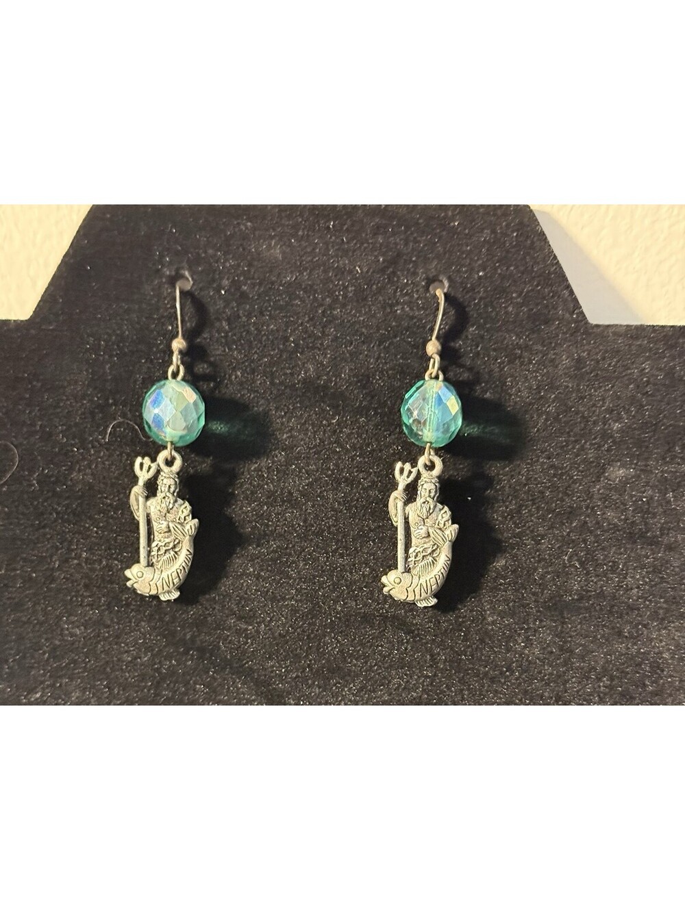 Vtg King Neptune Dangle Earrings Crystal Glass Beads Dangle Aqua Drop